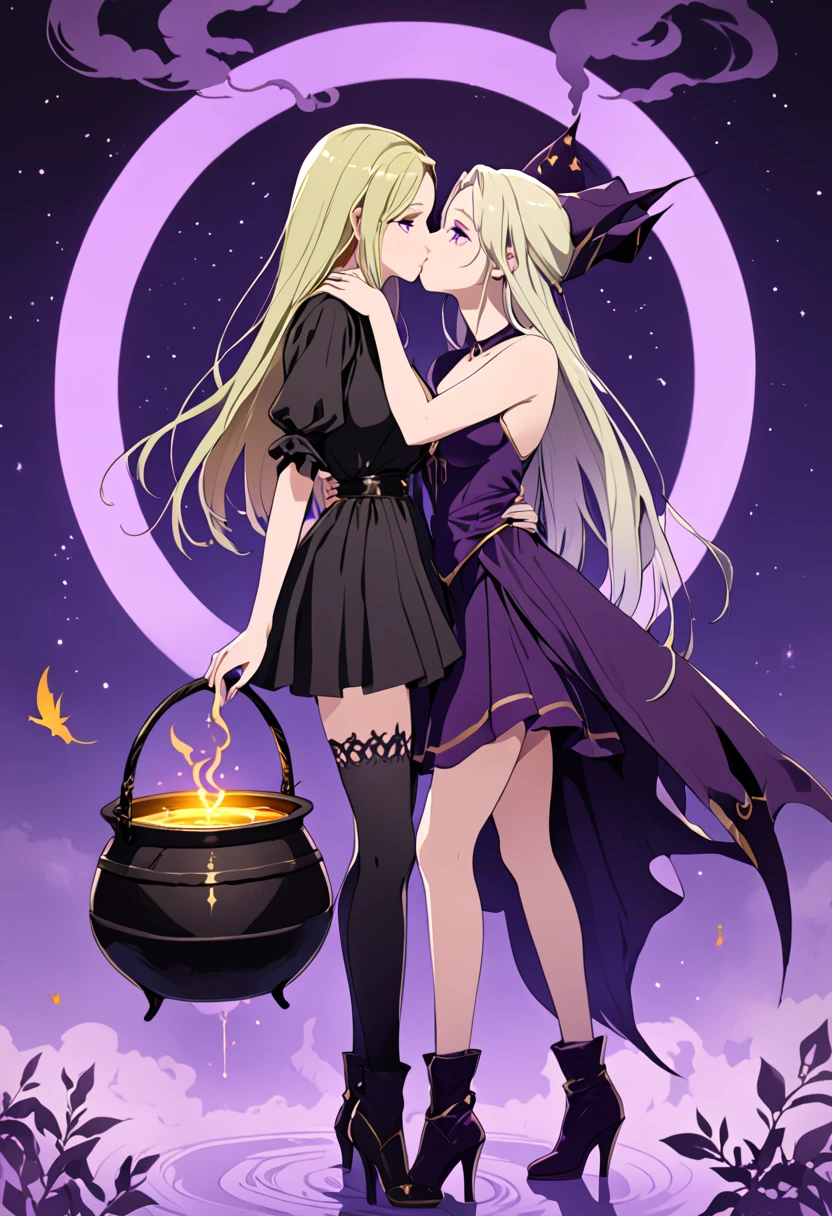 2 girls kissing each other, 1 girl Long straight black hair, slim, soft expressive olive green eyes, purity, witch, pale, tatoo, breasts big, Waist slender, look 20 years old, melancholic, black and purple clothes, long fingernails, full body image, scimitar in hands, purple tones, 1 girl long, light blonde hair, slim, expressive purple eyes, well designed hands, purity, witch, pale, breasts big, Waist slender, looks 20 years old, melancholy, long nails, full body image, She standing holding a cauldron with glowing smoke, purple toness, wearing many jewelry, Legs long, tight black dress, High Heeled Boots