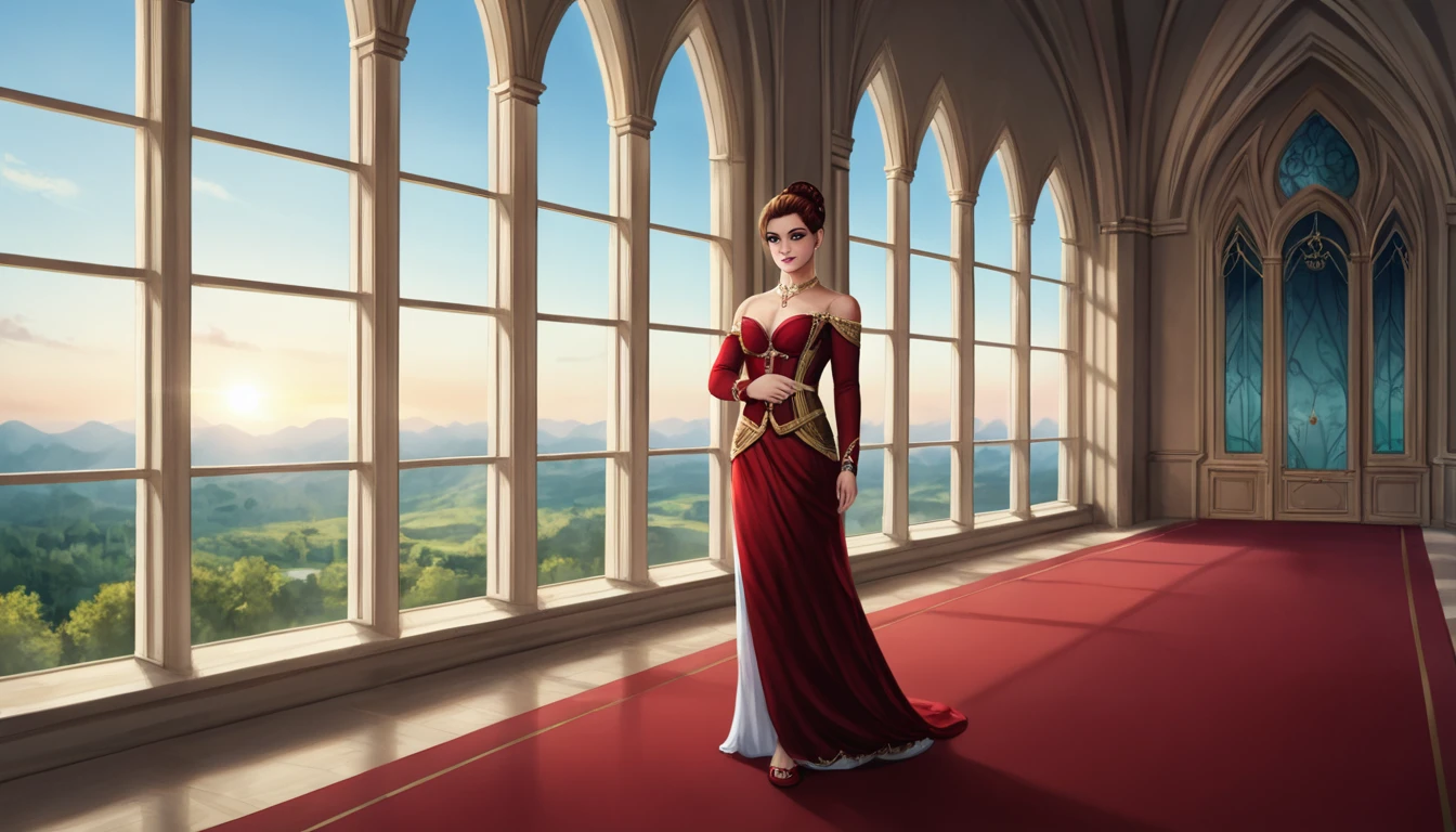 "A realistic close-up of a young man positioned on the far right side, standing by a large window in an elegant room overlooking a misty sunrise. He’s gazing out with a contemplative expression, dressed casually with slightly tousled hair. The background shows a beautiful landscape with soft, warm morning light flooding the room, evoking a sense of reflection and new beginnings."