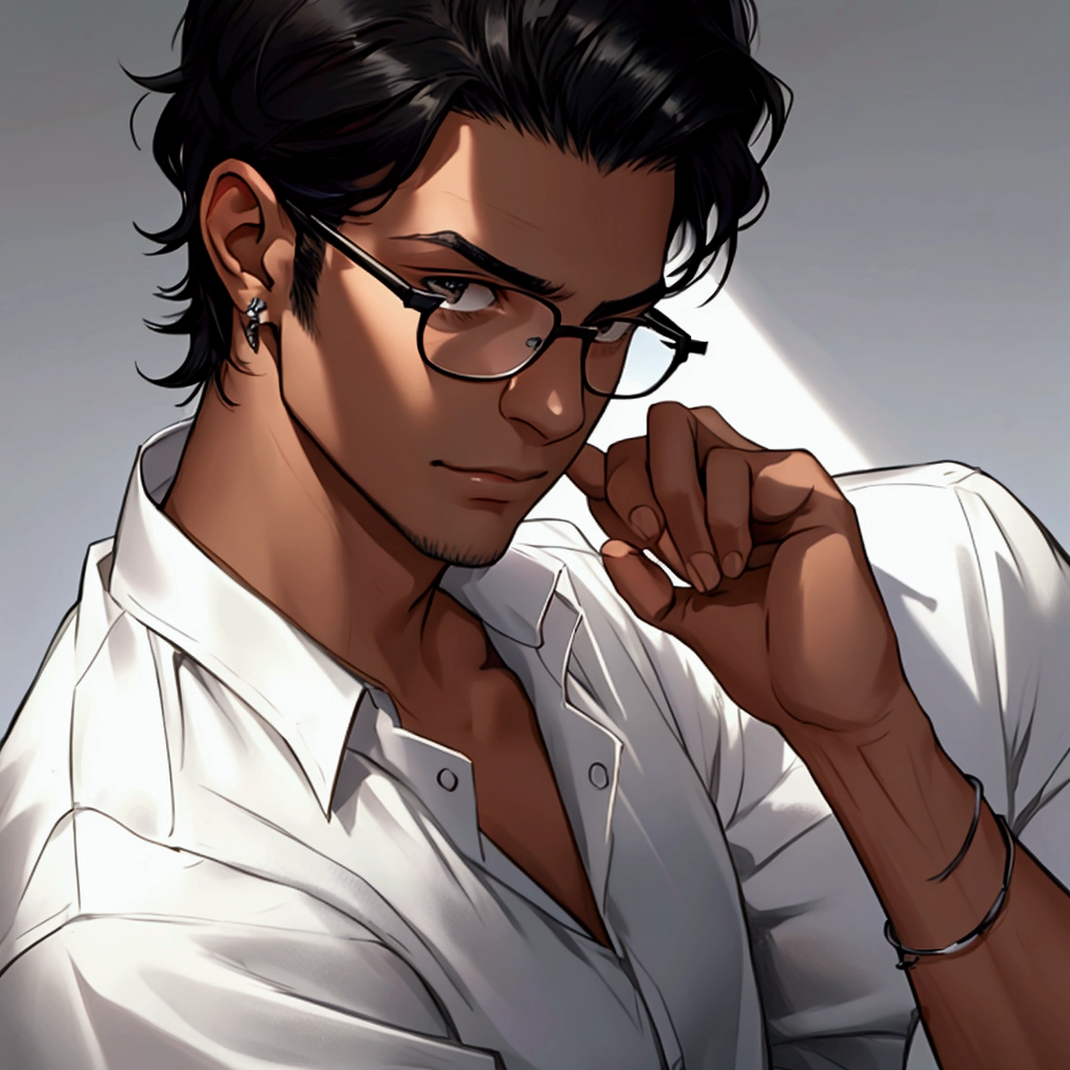 black hair, Solo male, silver Jewelry , close up, basic white shirt , half body , glasses