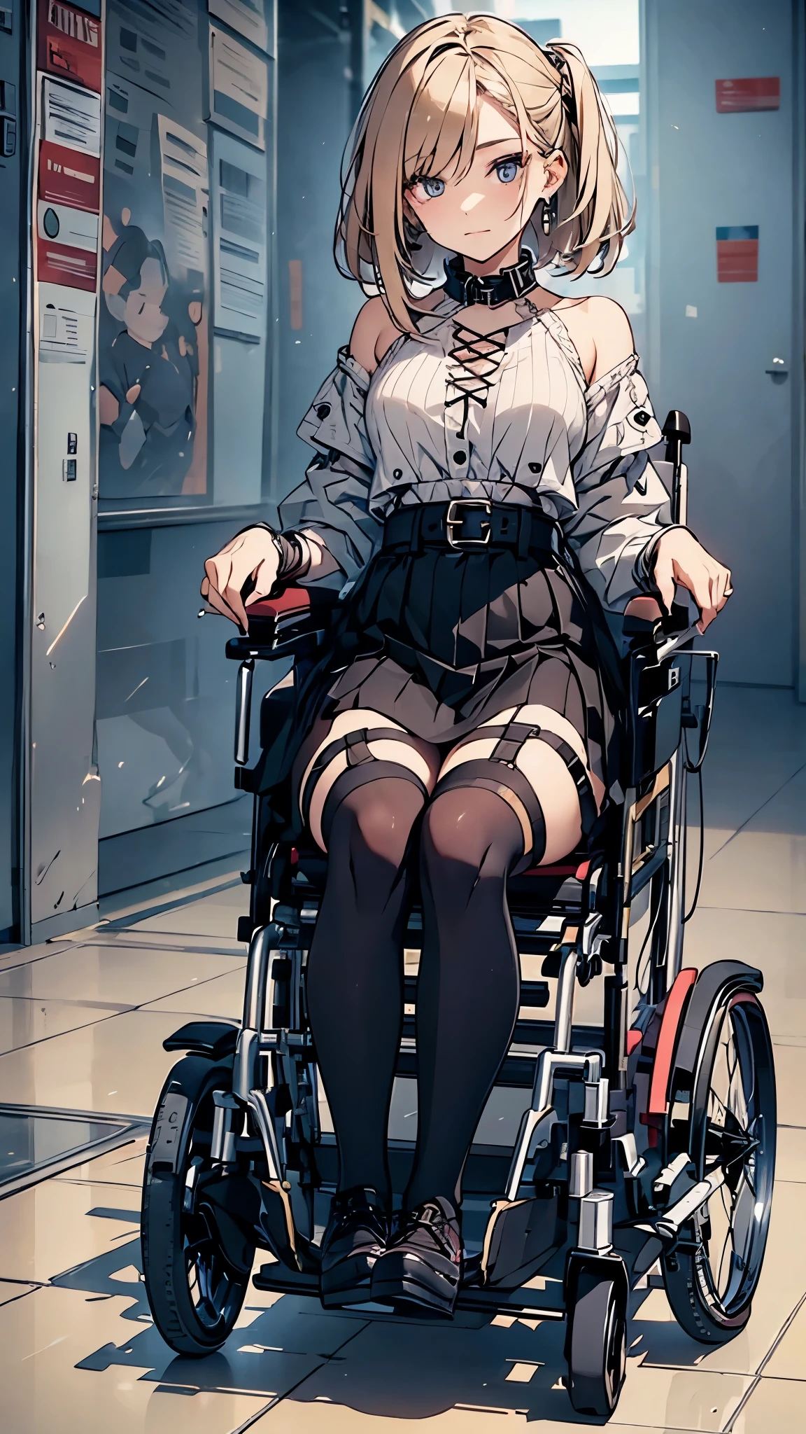 24 years old woman in electric wheelchair,hair above eyes,middle twintales blonde hair,gothic style fashion,pink sweater with vertical lines,black pleated skirt,earrings,garter belt,black knee socks, lace up long boots,arm brace,leg brace.