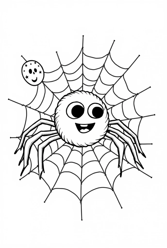 Cute and kawaii halloween a scary spider spinning a web coloring Page, simple for toddlers, bold and easy, black bold lines White background, for a coloring book black and white, líne art, only outlines, but the design is simple and bold, no greyscale