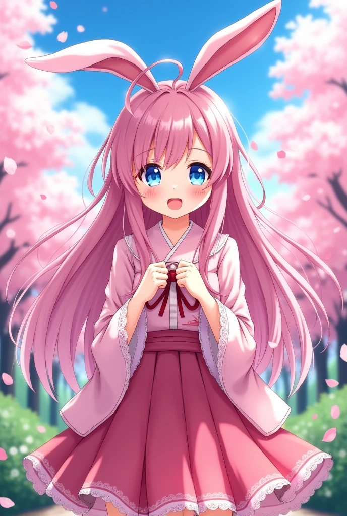 Anime girl kawaii with pink hair blue eyes bunny ears and pink japanese uniform