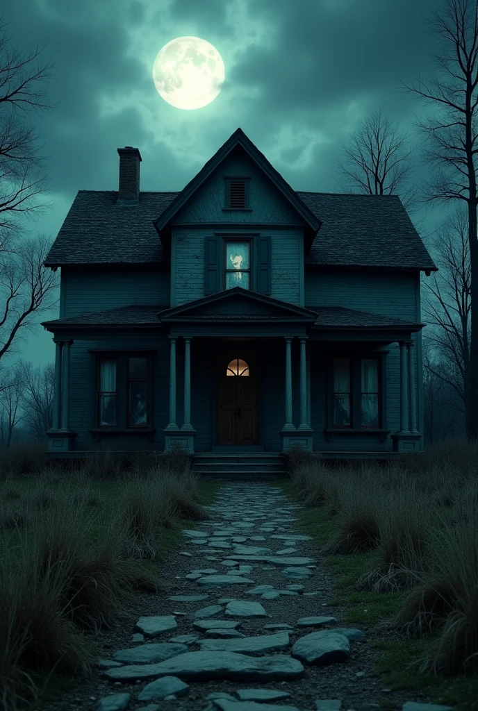In 3d horror animation "The exterior of an eerie, abandoned house in the village. The house is old, with broken windows, overgrown weeds, and a creaky wooden door. The night sky above is cloudy, adding to the unsettling atmosphere."