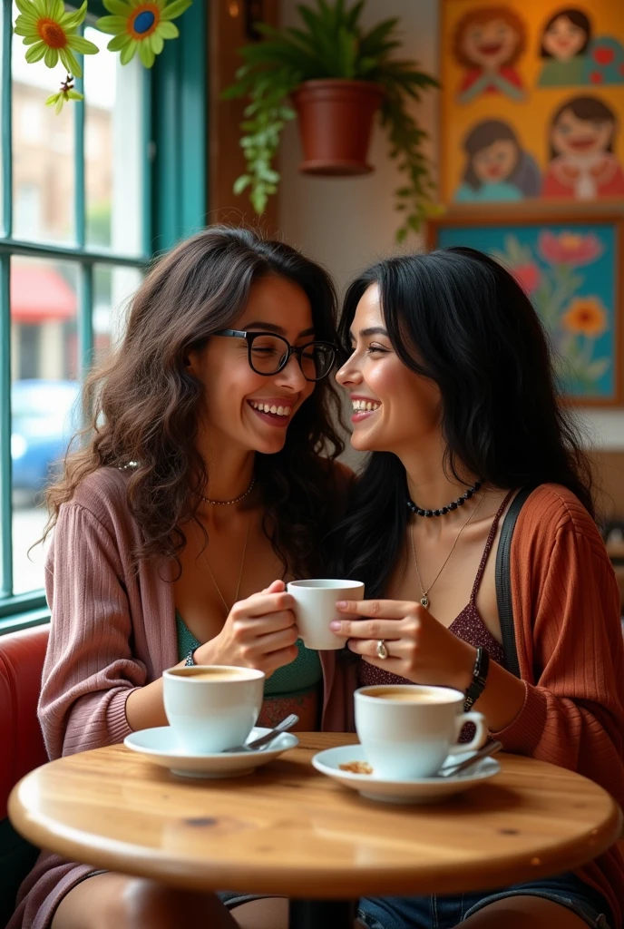 Two brunette friends, one with glasses and brown hair, the other white with black hair and blue eyes
