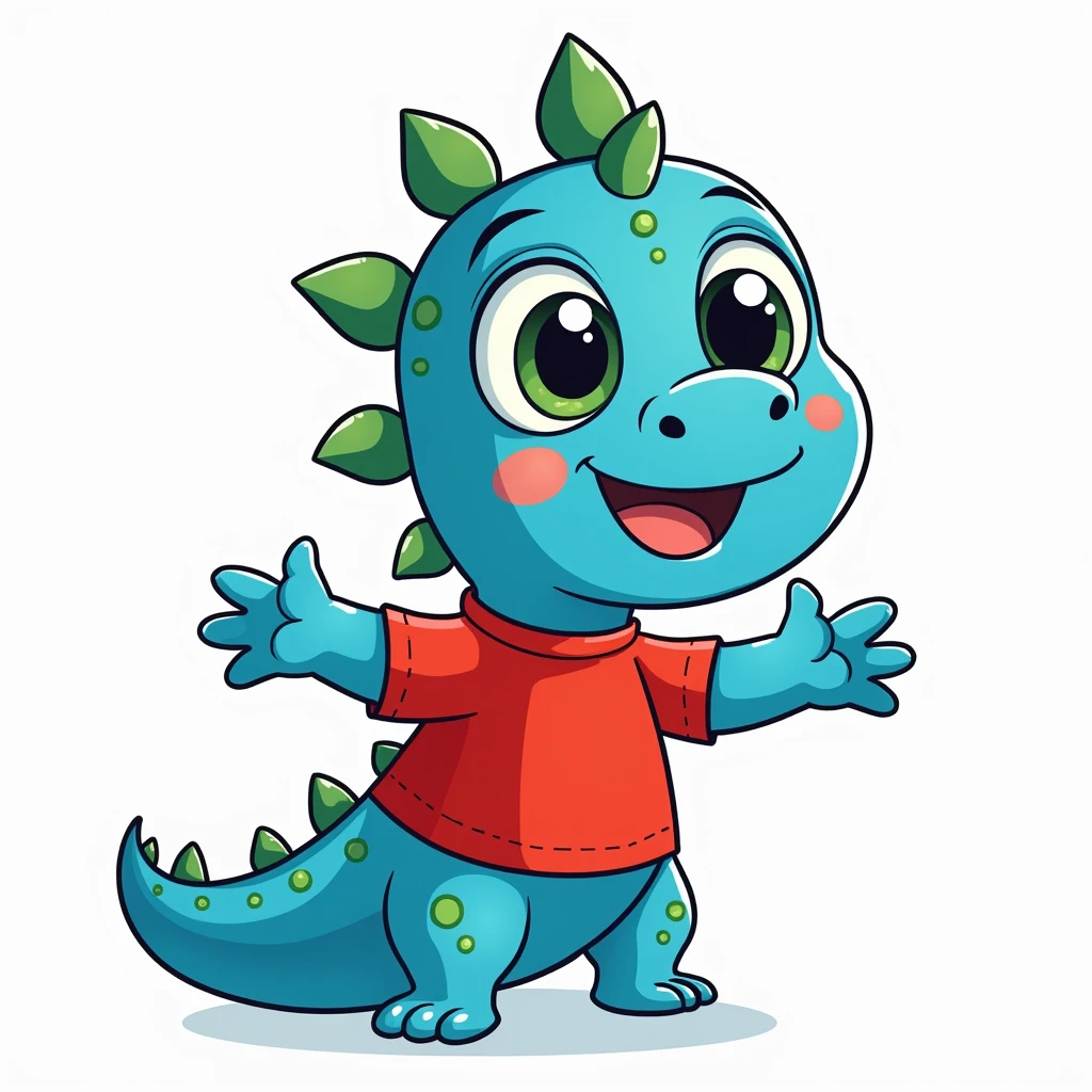 An illustration for children of a dinosaur, with the appearance of an , with red shirt, trouserless, blue skin, green dinosaur crests on the head and tail, cute cartoon smile, full body, with an appearance of tenderness, White background