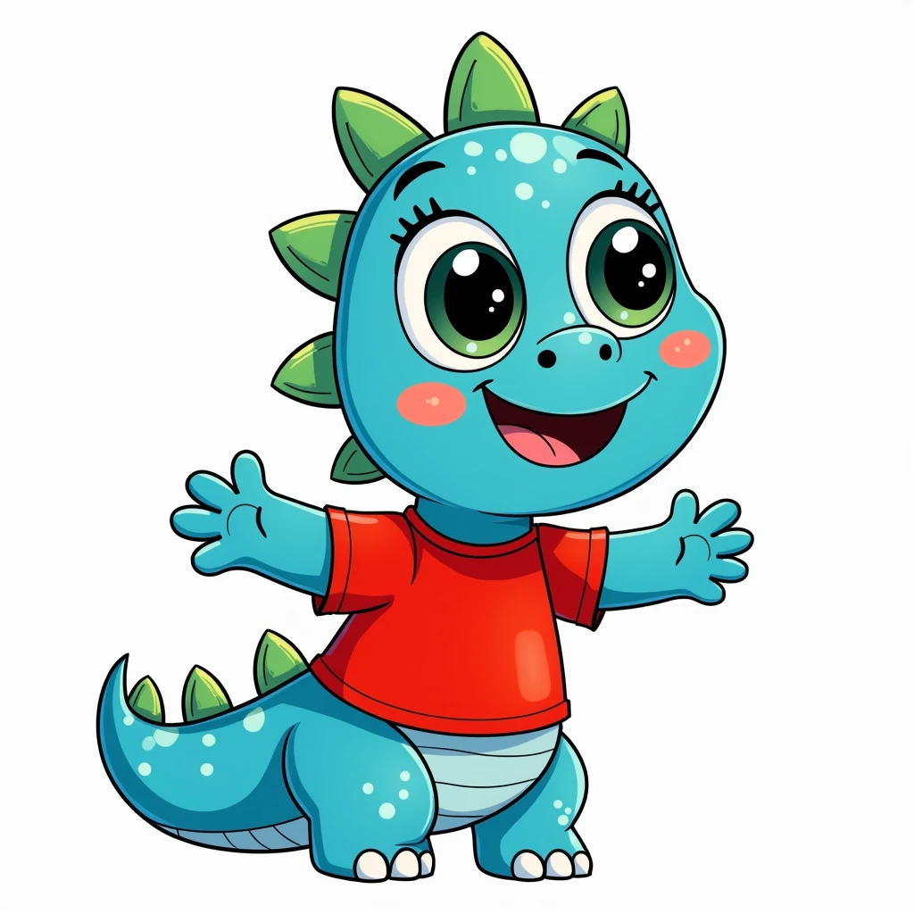 An illustration for children of a dinosaur, with the appearance of an , with red shirt, trouserless, blue skin, green dinosaur crests on the head and tail, cute cartoon smile, full body, with an appearance of tenderness, White background