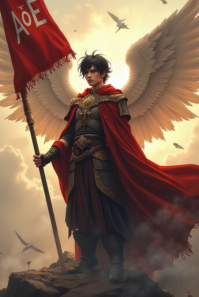 ((best quality)), ((masterpiece)), (detailed), perfect face. Create an epic piece of art featuring an angel of justice with short black hair that embodies the essence of a god of war and victory. He stands gracefully with a waving flag in his right hand with "AoE" written on it. Next to him is a sign that says "King Kodo's Empire"