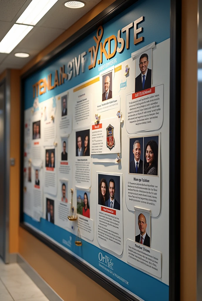 I want to design a bulletin board for my university corridor where i will paste pictures of the chief guest and panelists and major highlights from the event. It should have text in  language. I want the board to look interesting for the students with 3d objects. The event is a law symposium held at our university
I will be using print outs so suggest accordingly. It will all be print outs on pages for the bulletin board. 