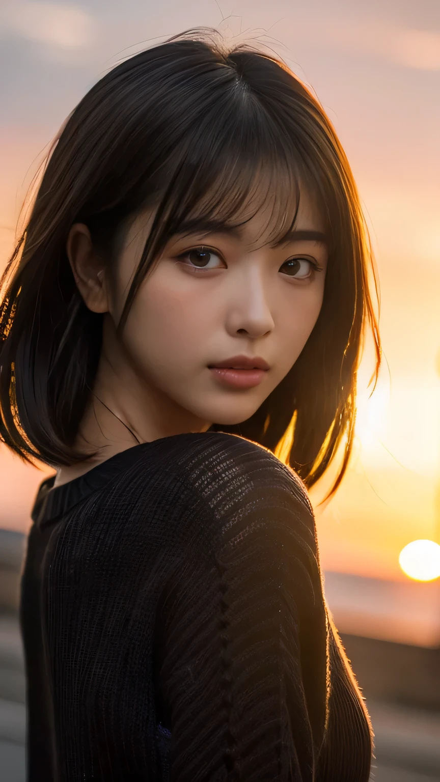 (masterpiece:1.2),(Highest quality),(Very detailed:1.2),(High resolution),(Photorealistic Stick),(RAW Photos),8k,Close-up of a woman in a black sweater,Soft portrait photography,Beautiful Japanese Woman,Gorgeous face portrait,Eye light,the person himself/herself,Very beautiful face,Beautiful portrait,A lovely and delicate face,Beautiful young Japanese woman,Mature hairstyle,Look here(Sunset in the background),(((Blur the background))),(Over my shoulder),(pov shot),((Dynamic hair movement))