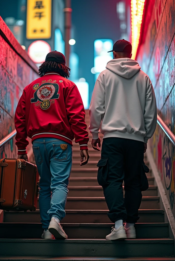 Two rappers with their backs to the stairs, walking vertically towards the top, carrying a suitcase full of money.
