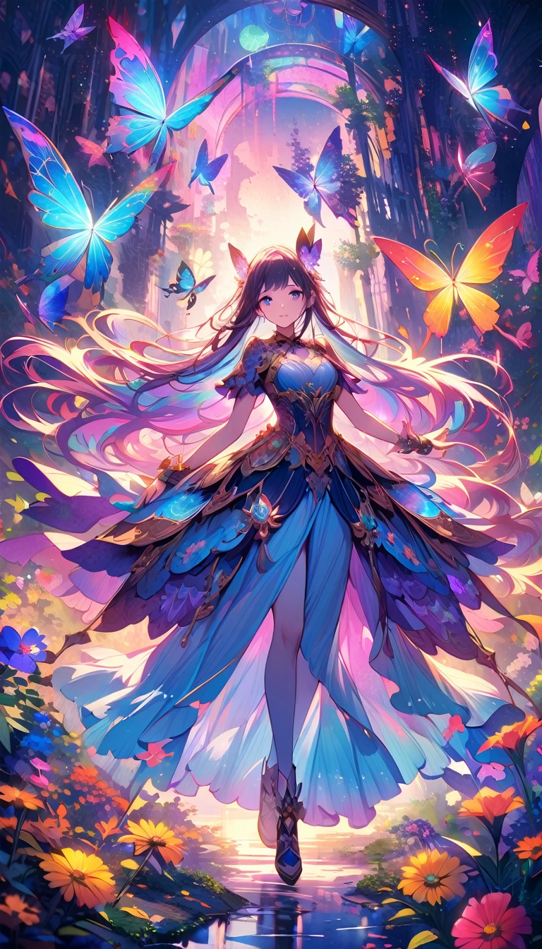 (Girl in a fantastical costume, Magical garden, Vibrant colors), painting, detailed flowers, Detailed butterflies, Intricate details, surreal atmosphere, Mysterious lights, Flowing long hair, Like a dream, Fantasy elements, Stunning scenery, Vibrant colors, Ethereal Beauty, Complex clothing design, Complex patterns, Magic Aura, Whimsical vibe, Dynamic poses, Captivating background, Charming atmosphere, An otherworldly feel, intricate plants.