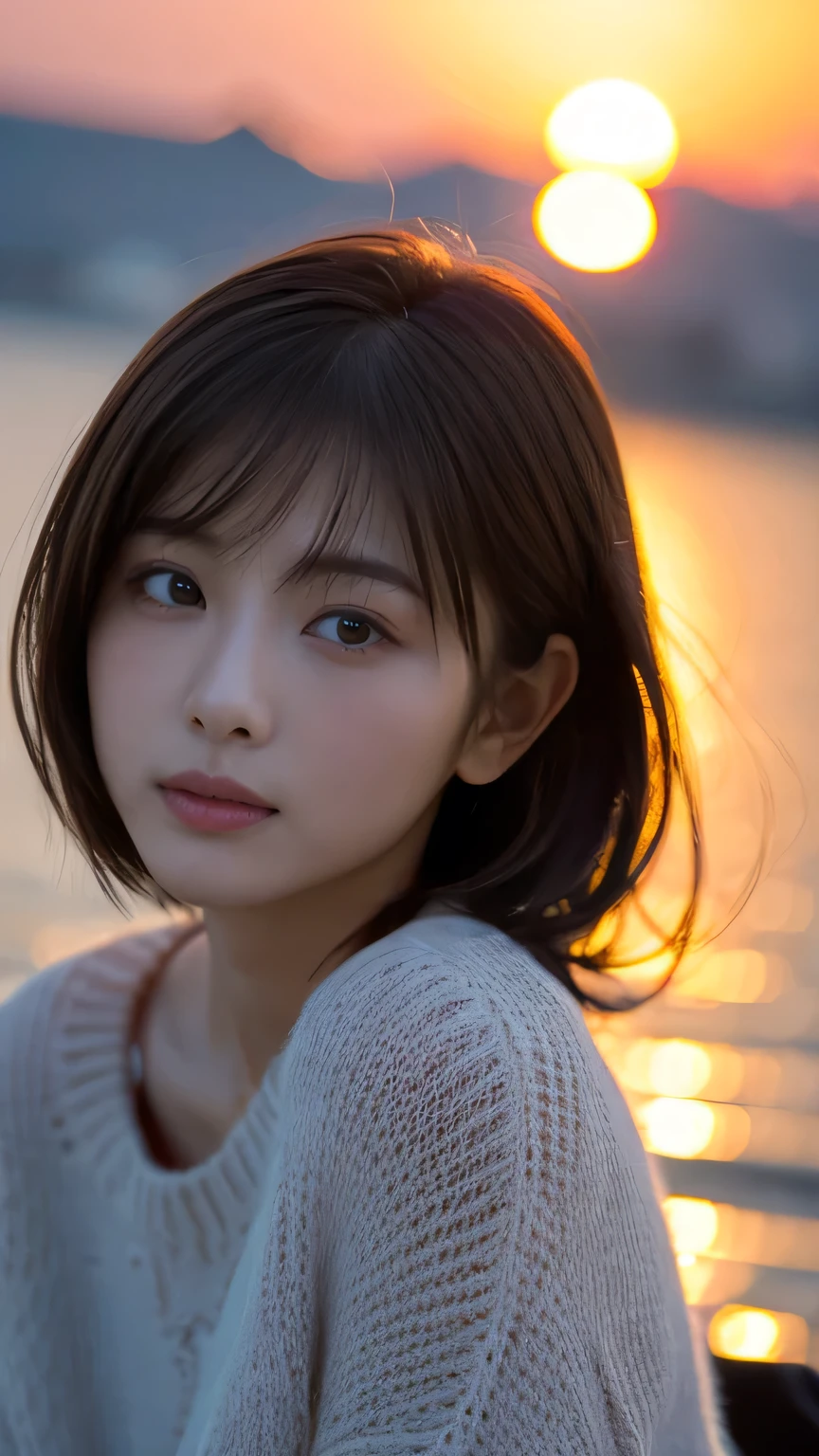(masterpiece:1.2),(Highest quality),(Very detailed:1.2),(High resolution),(Photorealistic Stick),(RAW Photos),8k,Close-up of a woman in a black sweater,Soft portrait photography,Beautiful Japanese Woman,Gorgeous face portrait,Eye light,the person himself/herself,Very beautiful face,Beautiful portrait,A lovely and delicate face,Beautiful young Japanese woman,Mature hairstyle,Look here(Sunset in the background),(((Blur the background))),(Over my shoulder),(pov shot),((Dynamic hair movement))