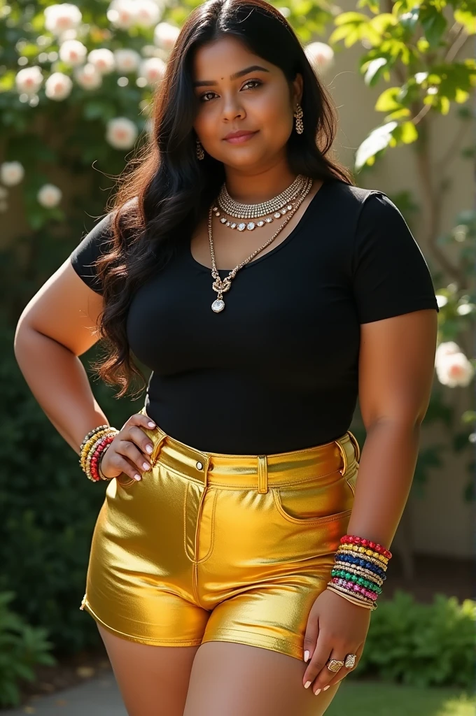 There is a woman posing for a photo wearing a black shirt and gold shorts, beautiful Thick female, Tsk tsk, wide hips, Thick thighs, attractive plus size Indian model, Rubenesque, Thick legs, big thighs, plus size women, 가장 wide hips, Thick body, Thick, Attractive hourglass shape, Attractive models, Arabian-Japanese Goddess , Beautiful attractive woman, slightly fat arms , Wear 5 bracelets, Wear 3 diamond necklaces