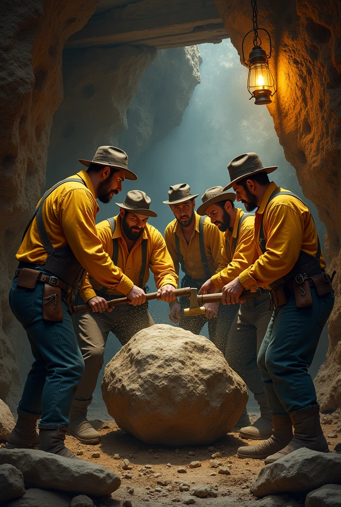 a group of old west miners wearing yellow long sleeve shirts breaking a rock inside a mine