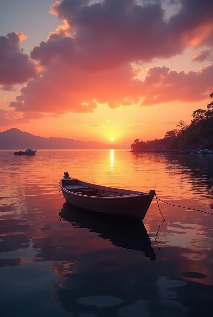 Create a video with a sunset with a boat in the background almost dusk relaxing photo