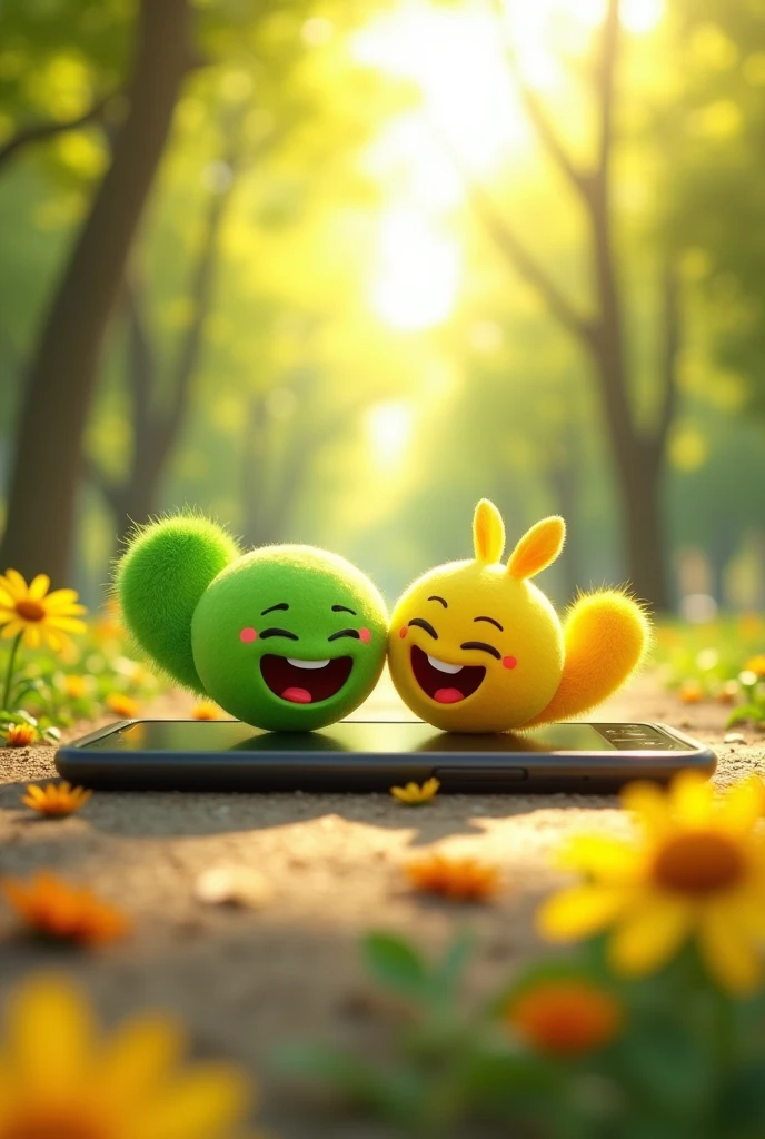 there are two green and yellow smiley faces on the same phone, a picture by Sarper Baran, trending on pixabay, environmental art, smiling at each other, smiling faces, 😃😀😄☺🙃😉😗, happy sunny day, happy smiling, happy people, happy faces, happy and smiling, happy friend, 🐿🍸🍋, smiling playfully