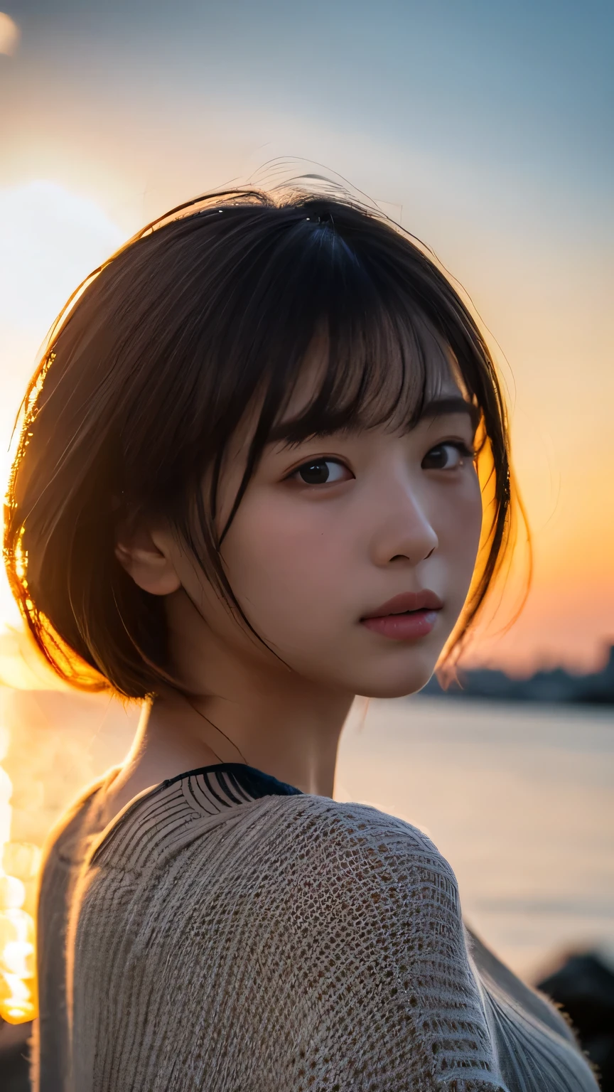 (masterpiece:1.2),(Highest quality),(Very detailed:1.2),(High resolution),(Photorealistic Stick),(RAW Photos),8k,Close-up of a woman in a black sweater,Soft portrait photography,Beautiful Japanese Woman,Gorgeous face portrait,Eye light,the person himself/herself,Very beautiful face,Beautiful portrait,A lovely and delicate face,Beautiful young Japanese woman,Mature hairstyle,Look here(Sunset in the background),(((Blur the background))),(Over my shoulder),(pov shot),((Dynamic hair movement))