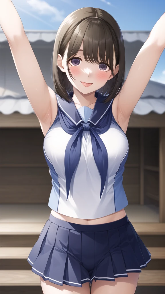 masterpiece, Highest quality, High resolution, short hair, Seraphim, White underwear, Blue neckerchief, Are standing, Cowboy Shot, Outdoor, smile、blush、Open your mouth wide、Stretching out the tongue、Stretch out your arms to the audience、Ahegao、Kiwanyonine