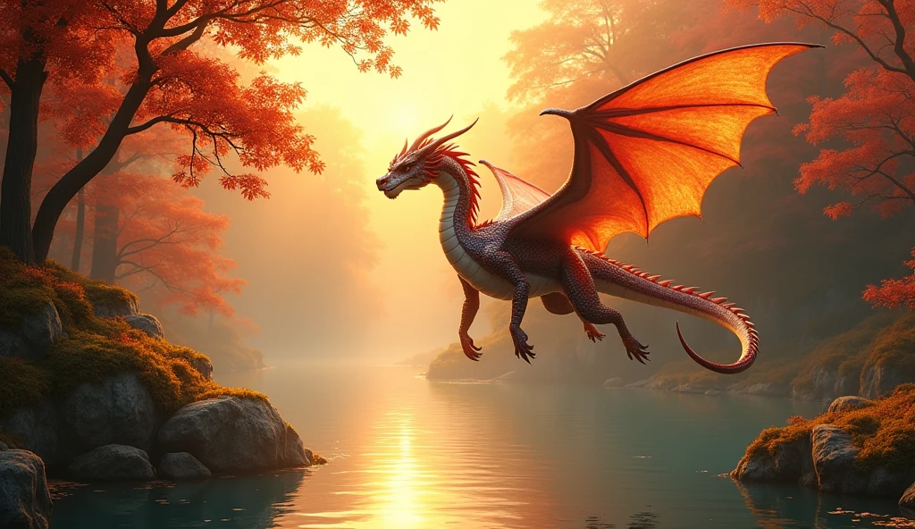 Beautiful art style,dragon,8K,excellent scene,fall,Golden Sunshine,Ray Tracing,Nirvana feeling