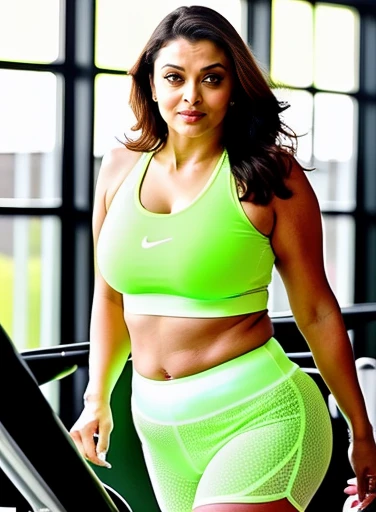 Full shot of sexy mature milf ,aishwarya rai wearing a lime color sports bra and mini tight short in gym, Walking in treadmill , fleshy figure,cougar lady , extremely gorgeous, thick figure, heavy physique, voluptuous, curvy, sexy figure, glowing eyes,happy charming face