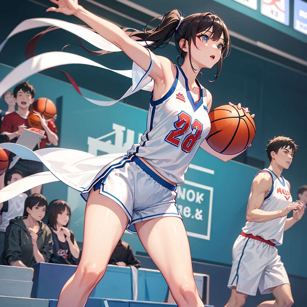 A super beautiful girl from Hong Kong is playing basketball.，Wearing a white t-shirt and shorts，Curvy and sexy，A basketball court in the background，HD。