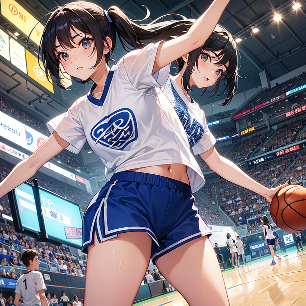 in a girl、funny、dress,(small breasts ) , short black hair, black eyes, playing basketball, blue sleeveless t-shirt with the number 10 on the chest and back, Matching shorts with a white line design on the sides, white sports shoes with blue details, white knee high socks, white wristbands, blue headband, training