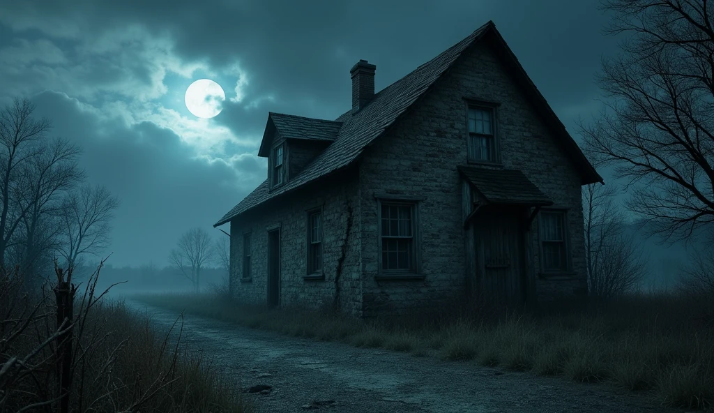 In 3d horror animation "The exterior of an eerie, abandoned house in the village. The house is old, with broken windows, overgrown weeds, and a creaky wooden door. The night sky above is cloudy, adding to the unsettling atmosphere."