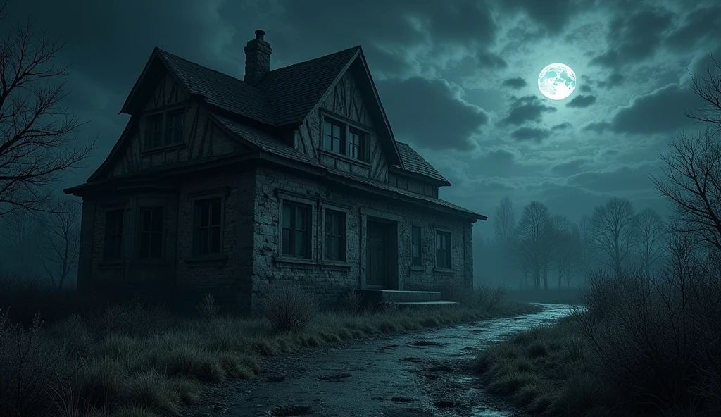 In 3d horror animation "The exterior of an eerie, abandoned house in the village. The house is old, with broken windows, overgrown weeds, and a creaky wooden door. The night sky above is cloudy, adding to the unsettling atmosphere."