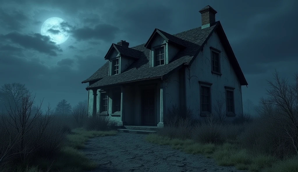 In 3d horror animation "The exterior of an eerie, abandoned house in the village. The house is old, with broken windows, overgrown weeds, and a creaky wooden door. The night sky above is cloudy, adding to the unsettling atmosphere."
