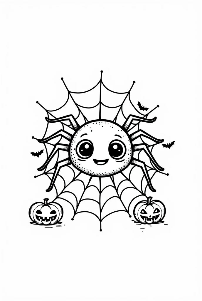 Cute and kawaii halloween a scary spider spinning a web coloring Page, simple for toddlers, bold and easy, black bold lines White background, for a coloring book black and white, líne art, only outlines, but the design is simple and bold, no greyscale