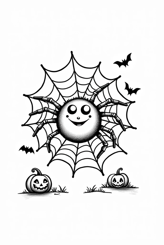 Cute and kawaii halloween a scary spider spinning a web coloring Page, simple for toddlers, bold and easy, black bold lines White background, for a coloring book black and white, líne art, only outlines, but the design is simple and bold, no greyscale