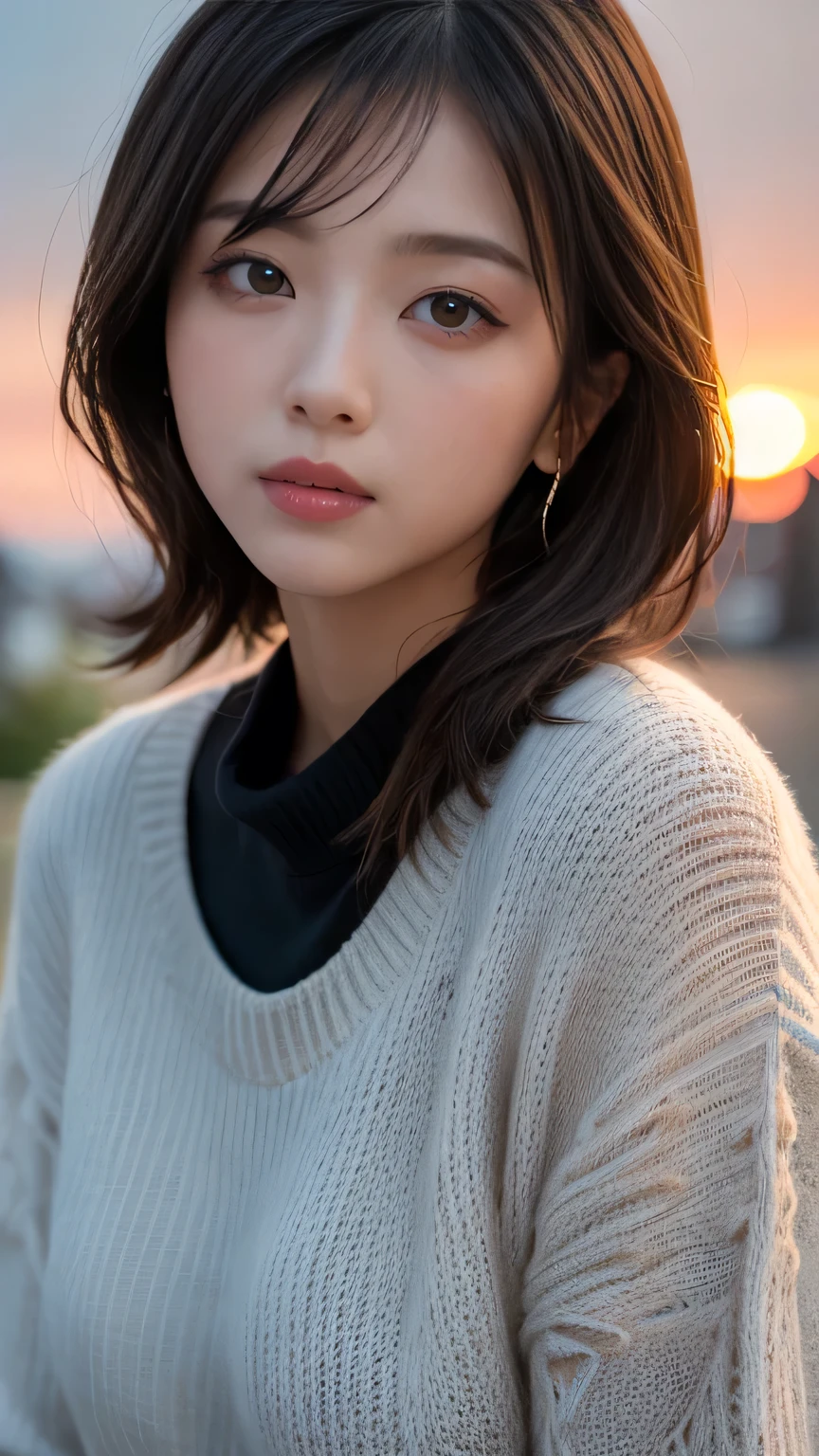 (masterpiece:1.2),(Highest quality),(Very detailed:1.2),(High resolution),(Photorealistic Stick),(RAW Photos),8k,Close-up of a woman in a black sweater,Soft portrait photography,Beautiful Japanese Woman,Gorgeous face portrait,Eye light,the person himself/herself,Very beautiful face,Beautiful portrait,A lovely and delicate face,Beautiful young Japanese woman,Mature hairstyle,Look here(Sunset in the background),(((Blur the background))),(Over my shoulder),(pov shot),((Dynamic hair movement))