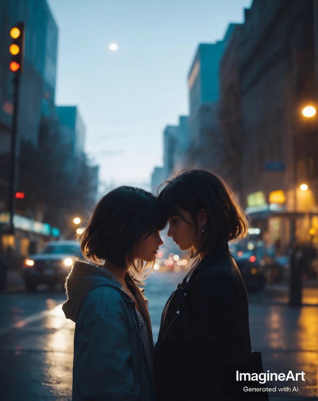 make the exact same background but the girls are standing at a distance that is far from where the picture is taken and the girls are resting their forehead on each others forehead