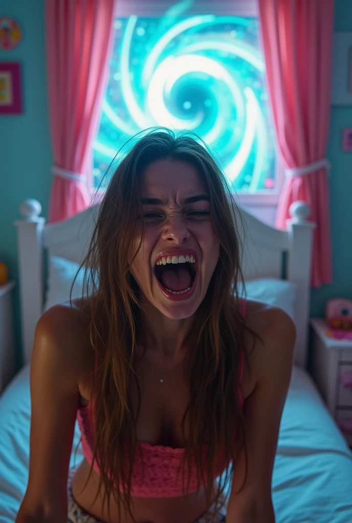 A screaming ????? 18yo woman with big ???? in a bedroom with a portal behind her. The woman is brightly lit and sweaty. Brightly lit room. Close up 