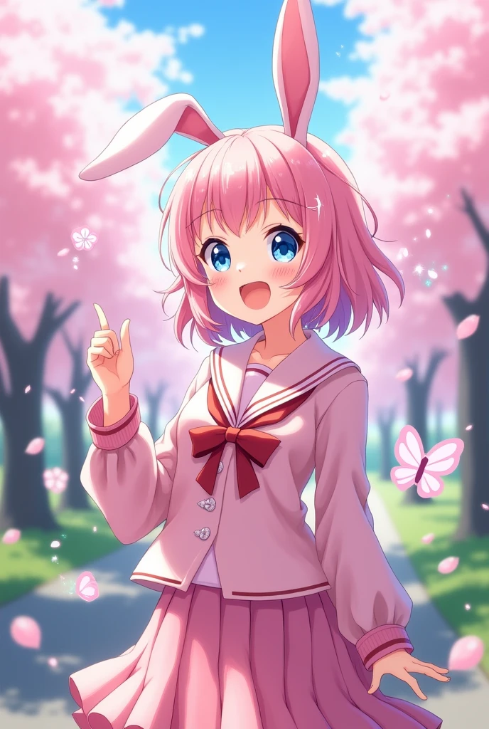 Anime girl kawaii with pink hair blue eyes bunny ears and pink japanese uniform