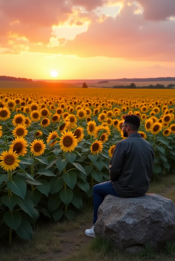 man sitting on a stone watching a sunflower field when the sun is setting 
make the man smaller and the sunflowers should be more visible and more in numbers 
make the image more aesthetic
move the man to the right side corner and make him more small