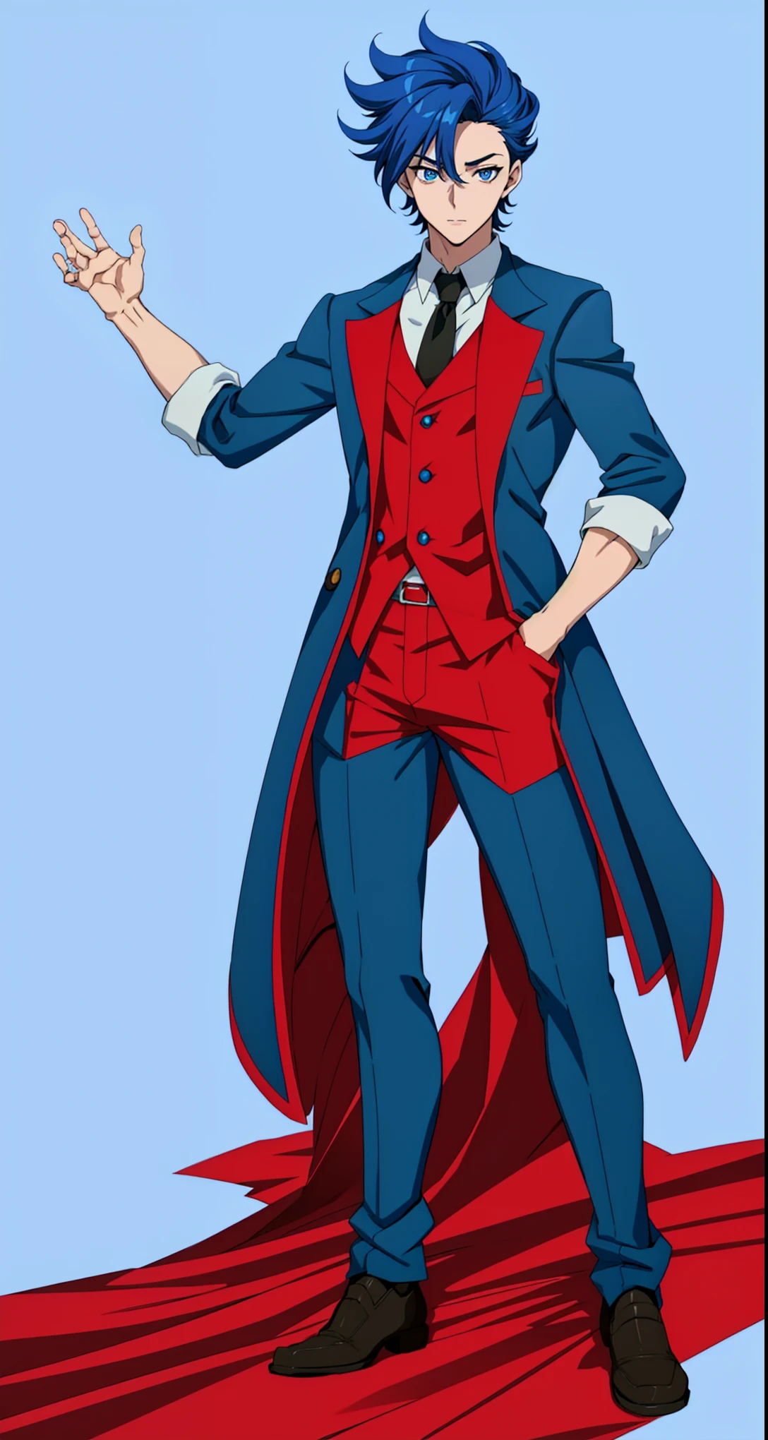 anime boy, dark blue hair, blue eyes, red suit, simple background,  arm outstretched, (beautiful and aesthetic:1. 5), thick black lineart, clean lineart, perfect lineart, sharp lineart, best quality, high quality, best quality, ultra-detailed, HD, beautiful lighting, 