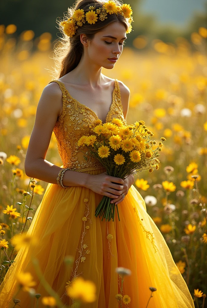a woman in a golden dress holding a bunch of yellow flowers, lady with glowing flowers dress, beautiful yellow woman, woman in flowers, kirsty mitchell, flower goddess, by Galen Dara, a goddess in a field of flowers, fey queen of the summer forest, flower storm portrait, wearing a dress made of vines, fine art fashion photography, dress of leaves