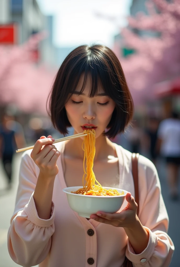 Running while eating ramen、A Japanese woman with a ???? short bob hairstyle、A close-up of her ????? and calm expression.、It shows her inner peace and outer charm.。