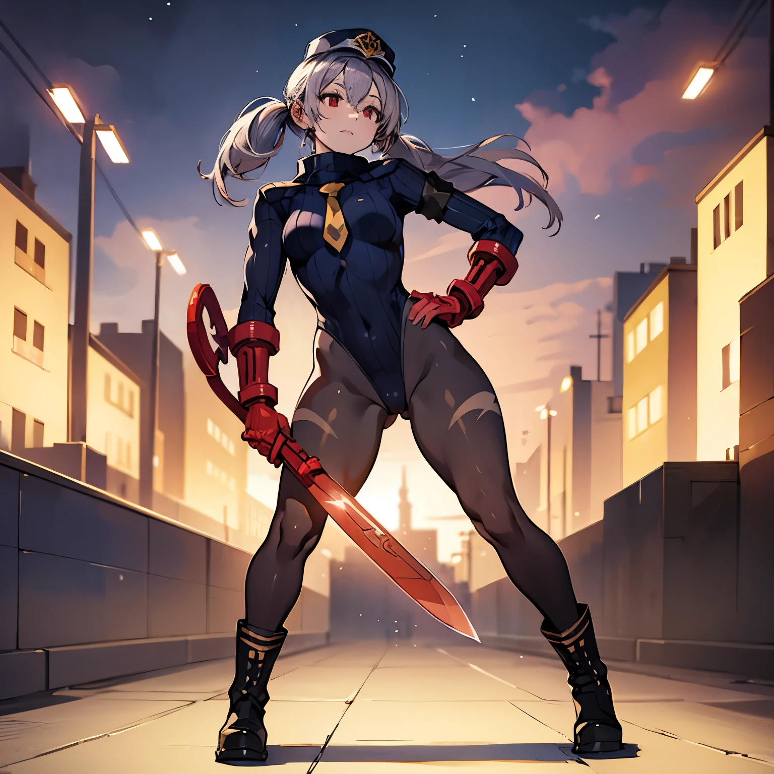 best detailed, Highly detailed,Beautiful body,Beautiful Nose,perfect eyes,perfect face,ultra highres,beautiful legs,Perfect hands,Masterpiece,illustration,,perfect anatomy,street fighter,doll suit,shadaloo doll,dollsuit,expressionless,empty eyes,blank eyes,red gloves,boots,emotionless,black latex,corruption,mind control,female combatant,hypnotized,unhappy trance,full body suit,obey,extremely glossy latex,hypnosis,hypnoLora,Slave,necktie,yellow tie,military,dark persona,(((standing, full body, hand on hip))),(((pixel-perfect, detail-perfect))),solo,(roze),1girl,silver hair, long hair, twintails, hair between eyes, red eyes, black cap, twin black muffler,black scarf,((dark pantyhose)),(((sword))),city background, night sky