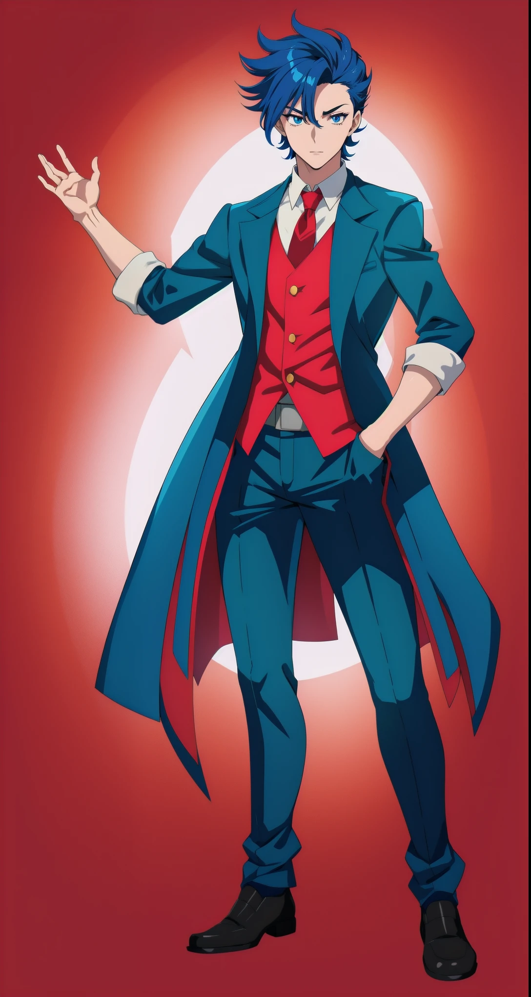 anime boy, dark blue hair, blue eyes, red suit, simple background,  arm outstretched, (beautiful and aesthetic:1. 5), thick black lineart, clean lineart, perfect lineart, sharp lineart, best quality, high quality, best quality, ultra-detailed, HD, beautiful lighting, 