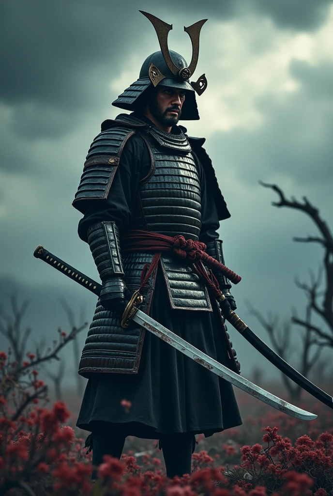 Create a samurai crying blood and holding two swords in his hands 