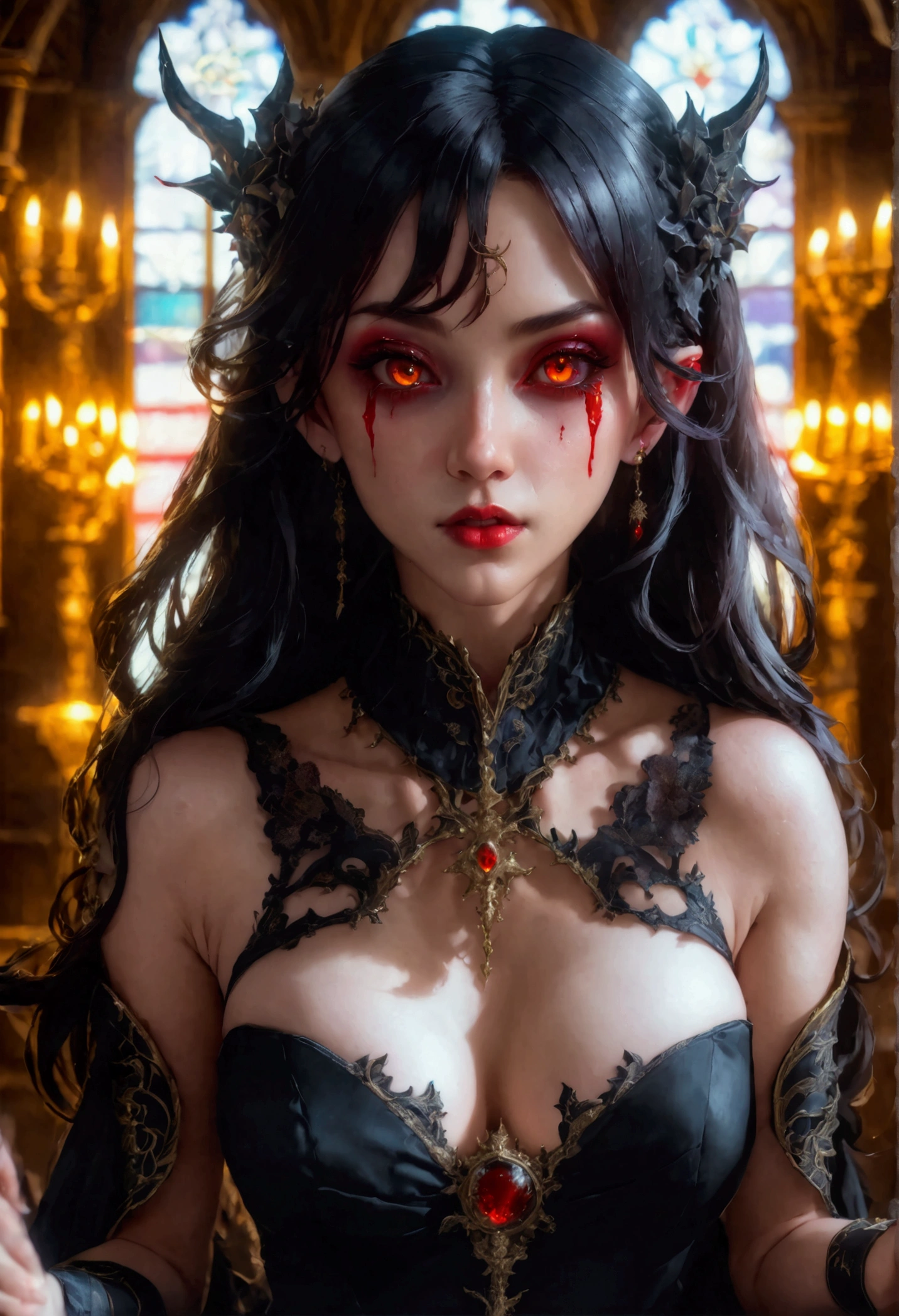 Arafed, dark fantasy art, glamour shot, award winning shot, photorealistic, a portrait of a female vampire drinking a ((glass of blood)), dynamic hair color, dynamic hair style , long hair, red lips, (glowing eyes: 1.5), dynamic eye color, dynamic color, she wears, an elegant (black dress: 1.5), catholic church and altar background, bar background, 16k, ultra detailed, masterpiece, best quality, (extremely detailed), rpg portrait, art by mooncryptowow, photograph
