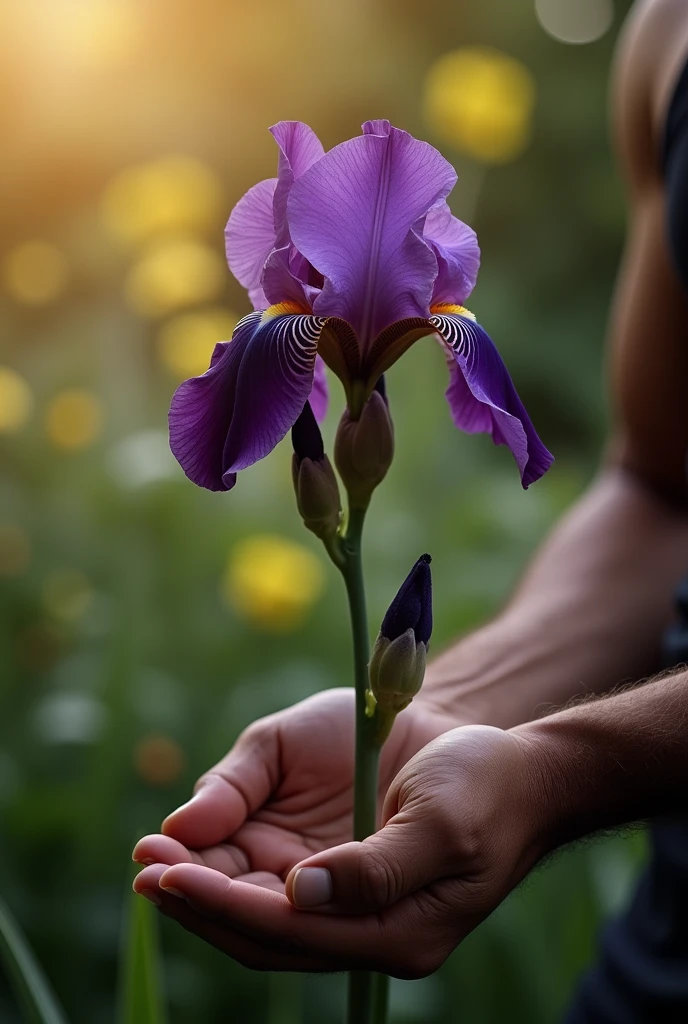 A purple flower with a black stem held between the hands of a man