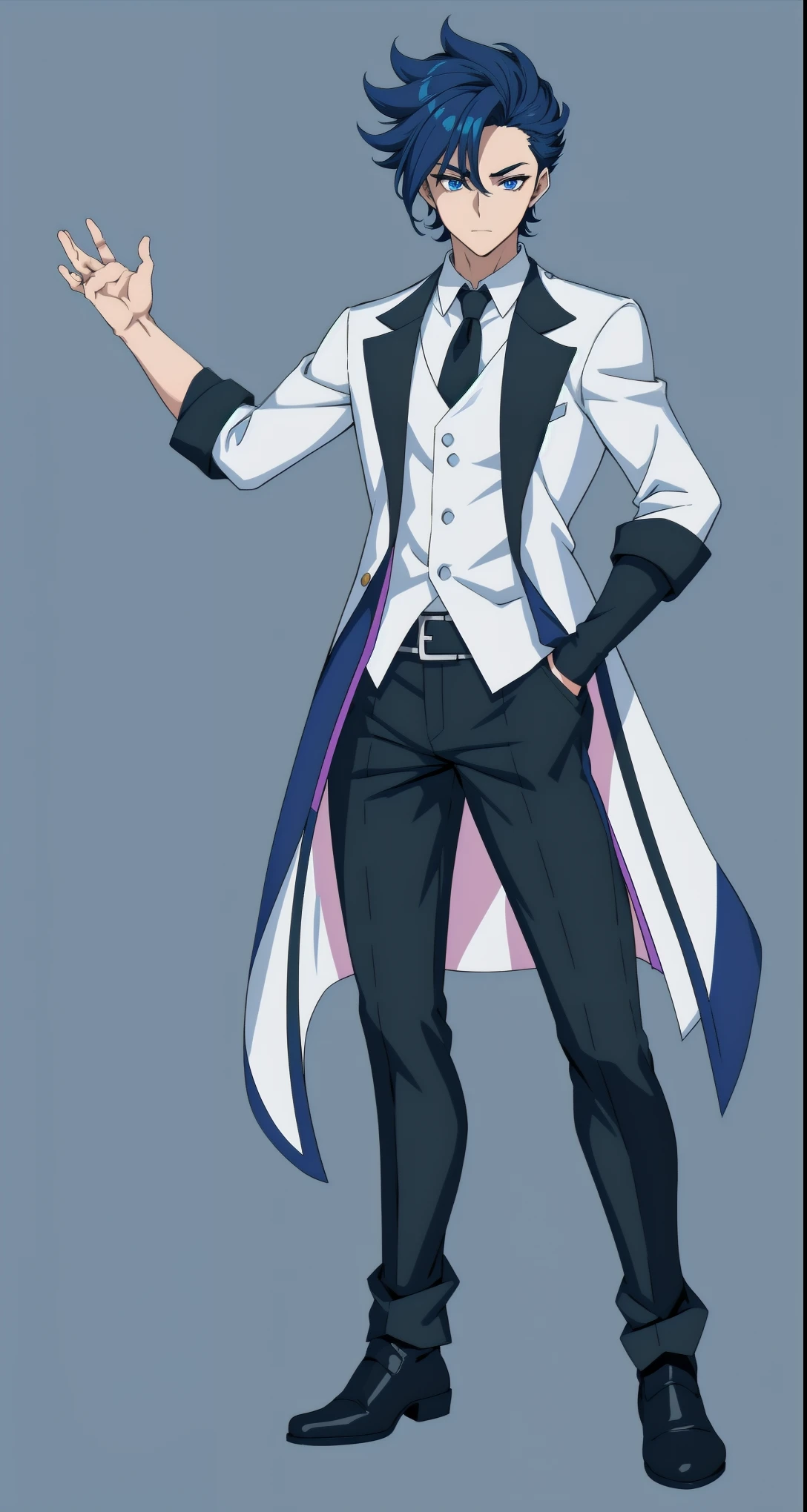 anime boy, dark blue hair, blue eyes, black suit, white shirt, simple background, full body, (beautiful and aesthetic:1. 5), thick black lineart, clean lineart, perfect lineart, sharp lineart, best quality, high quality, best quality, ultra-detailed, HD, beautiful lighting, 