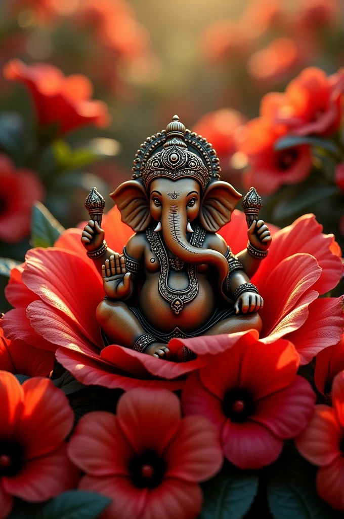 Lord Ganesh idol which is sat over a red hibiscus flower , and it is surrounded by a no. Of red hibiscus flowers , his skin colour is dusky 