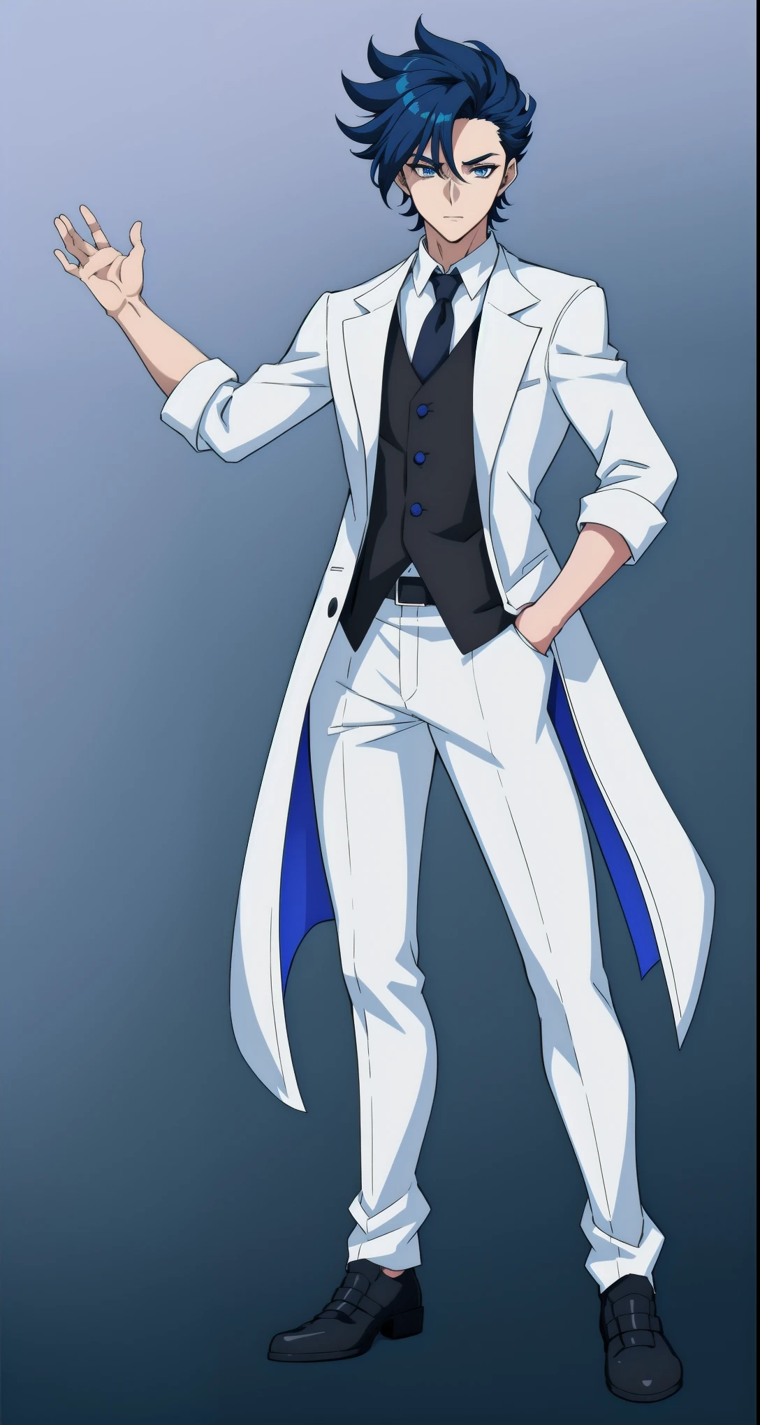 anime boy, dark blue hair, blue eyes, black suit, white shirt, simple background, full body, (beautiful and aesthetic:1. 5), thick black lineart, clean lineart, perfect lineart, sharp lineart, best quality, high quality, best quality, ultra-detailed, HD, beautiful lighting, 