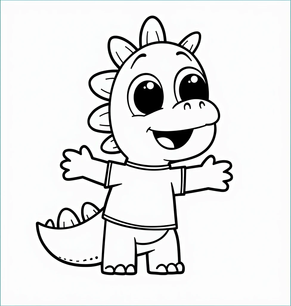 An illustration for children of a dinosaur, with the appearance of an , with red shirt, trouserless, blue skin, green dinosaur crests on the head and tail, cute cartoon smile,  full body, with an appearance of tenderness, White background