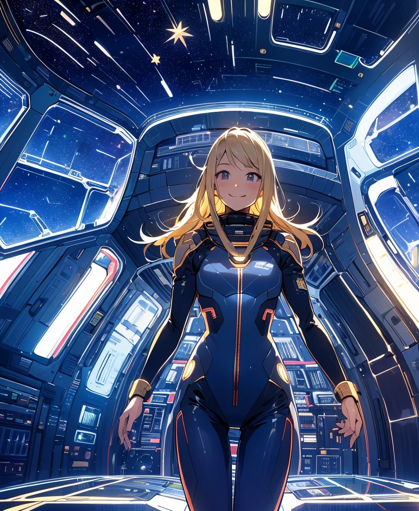 (masterpiece, Highest quality:1.2), (Cowboy Shot:1.1), alone, 1 person, mori yuki, smile, Mouth closed, Side view, Looking at the audience, Blonde, Long Hair, Thigh Gap, Navy blue bodysuit, Perfect for your skin, Perfect body, Large windows, (Spaceship porthole:1.3), (Spread your legs:1.3), (Are standing:1.1), Thigh Gap,  stop temporarily, Side view, Perfect hands, The bright interior of a spaceship, (Space View:1.1), (Orbital View:1.3), (night, Starry Sky:1.5), milky way