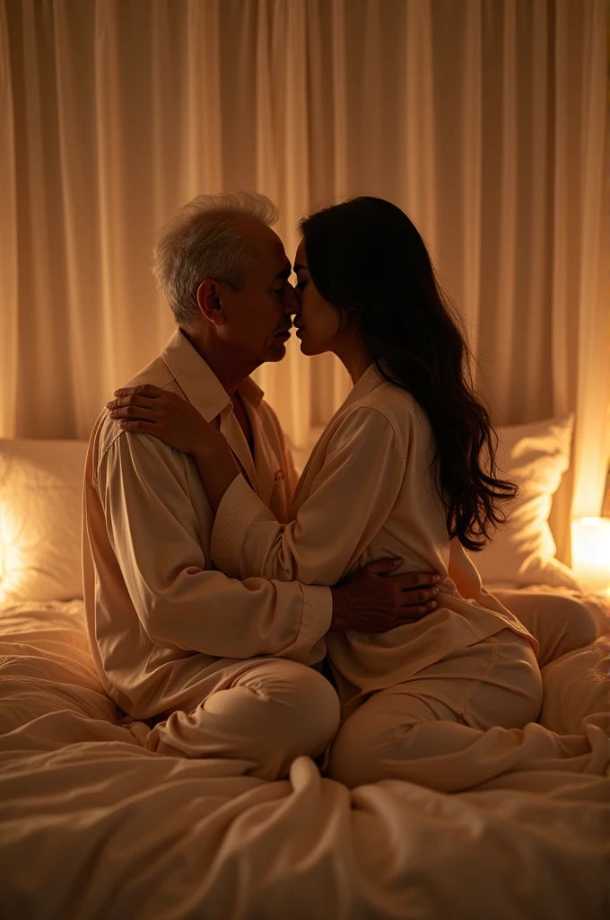A man and a woman in silk pajamas are having sex.,70-year-old male,20-year-old female,Korean